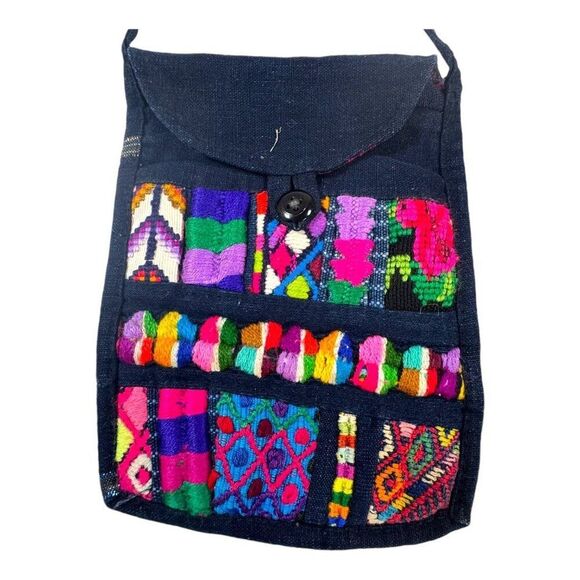 Vintage Mexico Embroidered Crossbody Miniature Bag Button Closure & Long Strap - Picture 1 of 7